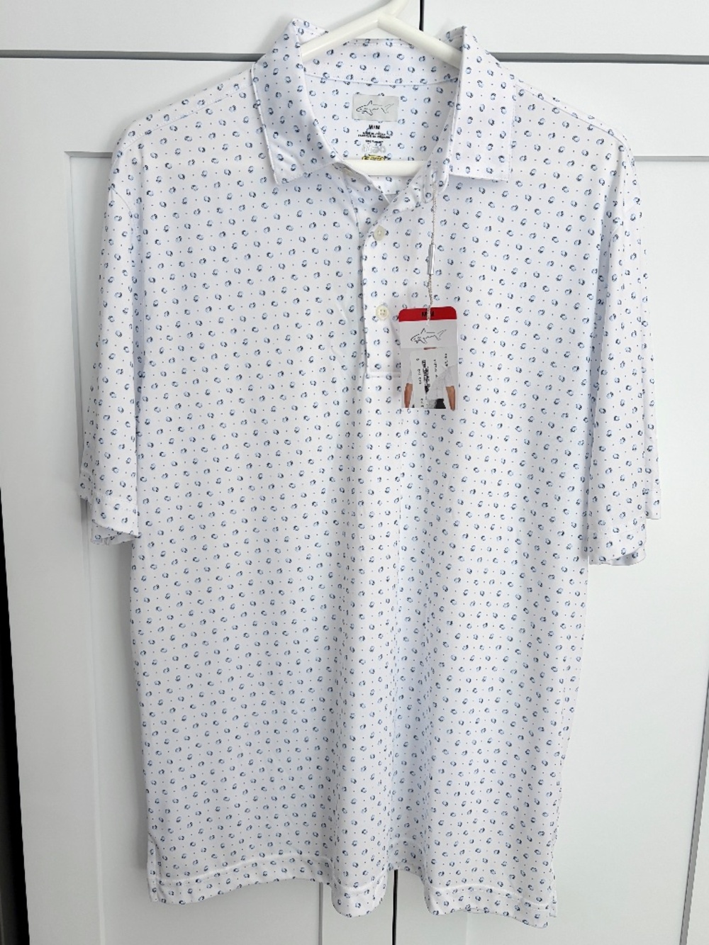 Greg Norman, Mens Short Sleeve Polo, Golf Shirt, White With Blue Pattern, M, NEW